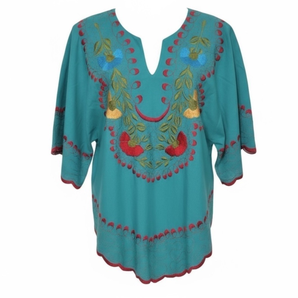 VTG Turquoise Embroidered Floral Mexican Blouse Boho Peasant Top M - Picture 2 of 15